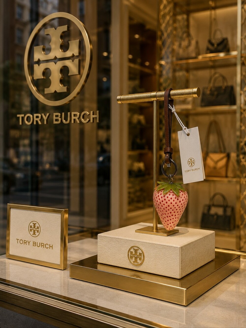 Tory Burch Pink Strawberry Leather Charm with Brown Strap